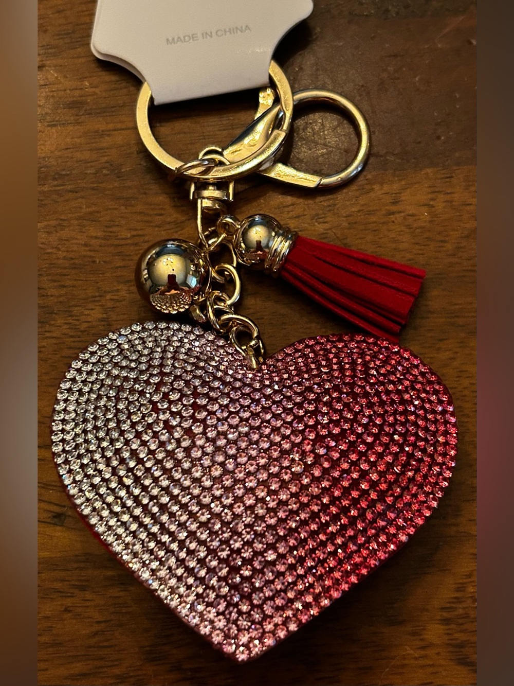 Fashion Jewelry Red Ombré Heart Rhinestone Keychain Bag Charm w/Tassel & Clasp